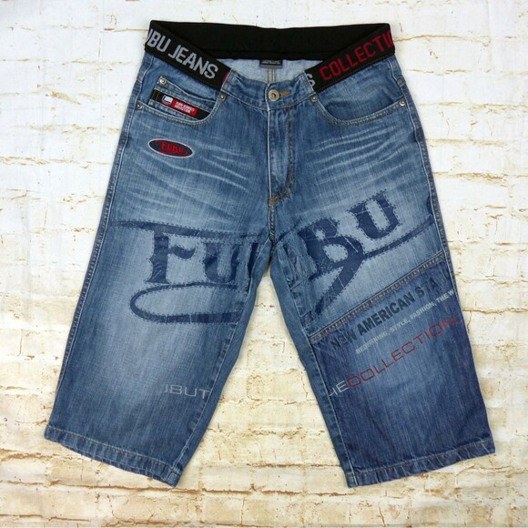 VTG FUBU Collection X Ford Denim Shorts Mens 29X17 Blue Logo Sporty Jorts Y2K - Picture 1 of 12